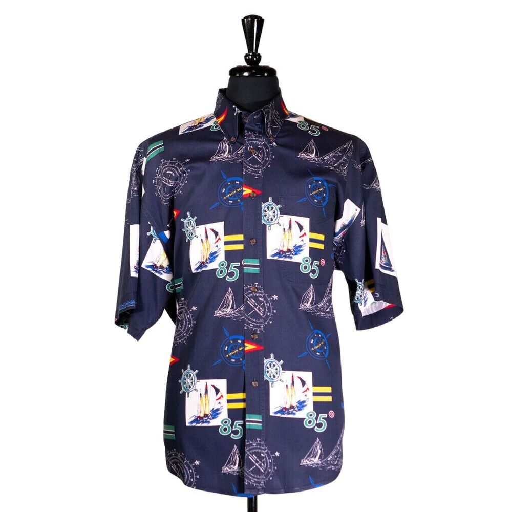 Keeler Bay Mens Shirt Button Blue Nautical Hawaiian Beach Fishing Casual Large